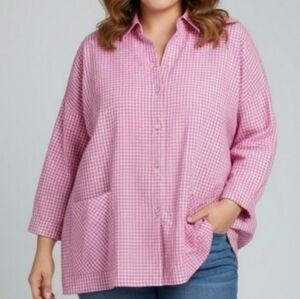 Christopher Calvin Gingham Button Up Top Textured Lagenlook Pink Coastal NWT
